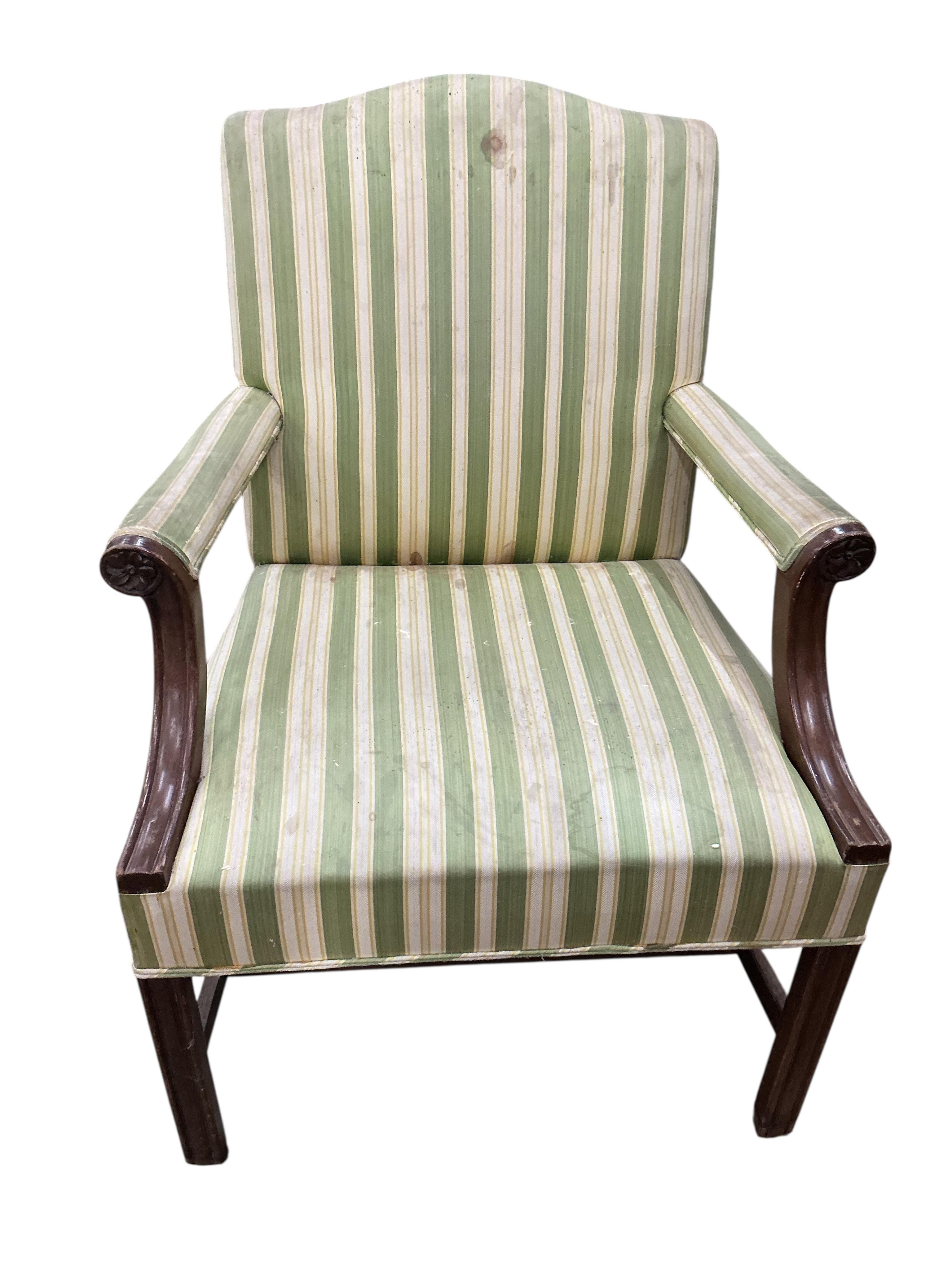 A set of five reproduction Gainsborough style upholstered mahogany elbow armchairs, width 66cm, depth 58cm, height 96cm